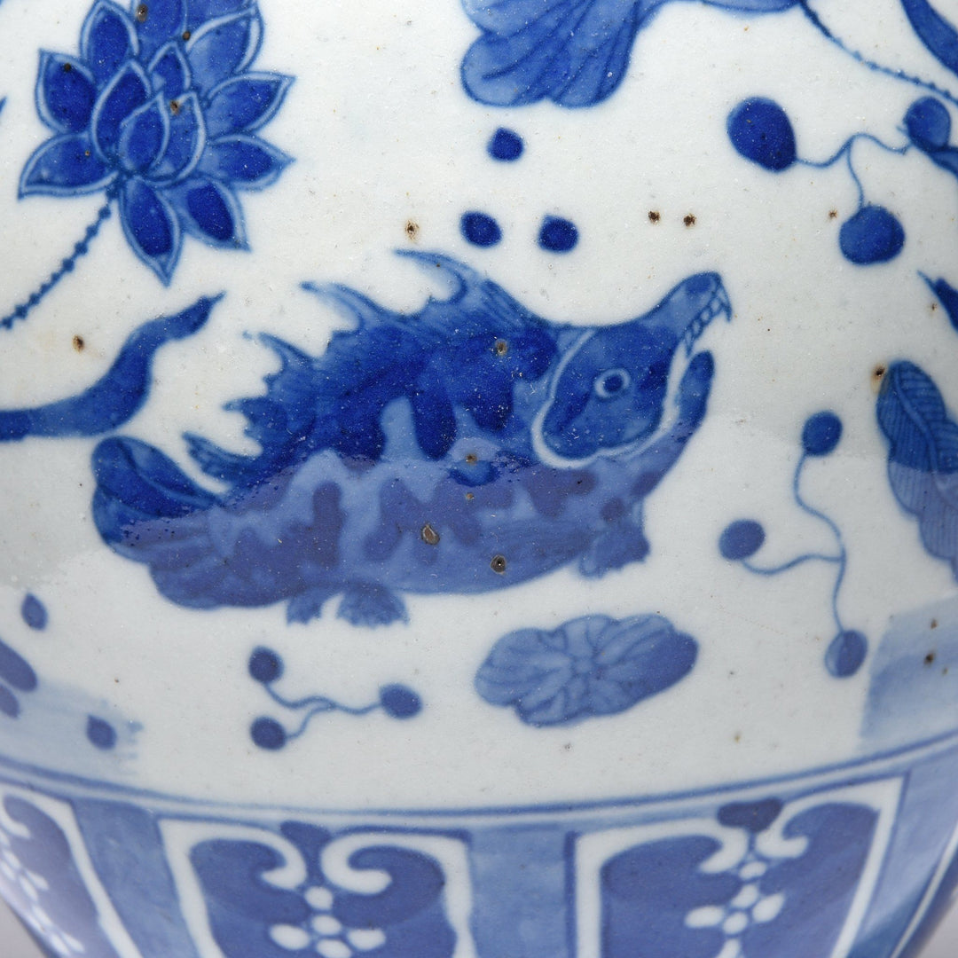 Fish Detail Blue & White Porcelain Ginger Jar - Fish Design | Indigo Antiques