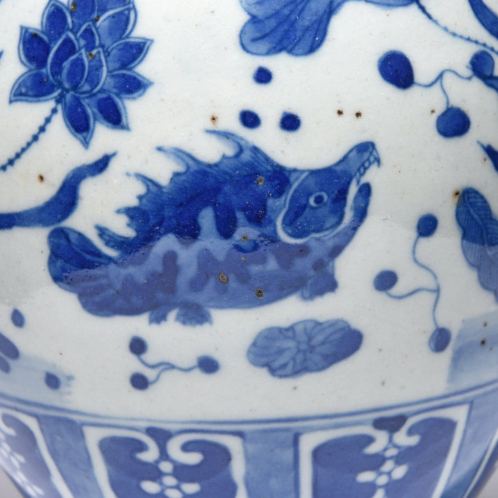 Fish Detail Blue & White Porcelain Ginger Jar - Fish Design | Indigo Antiques
