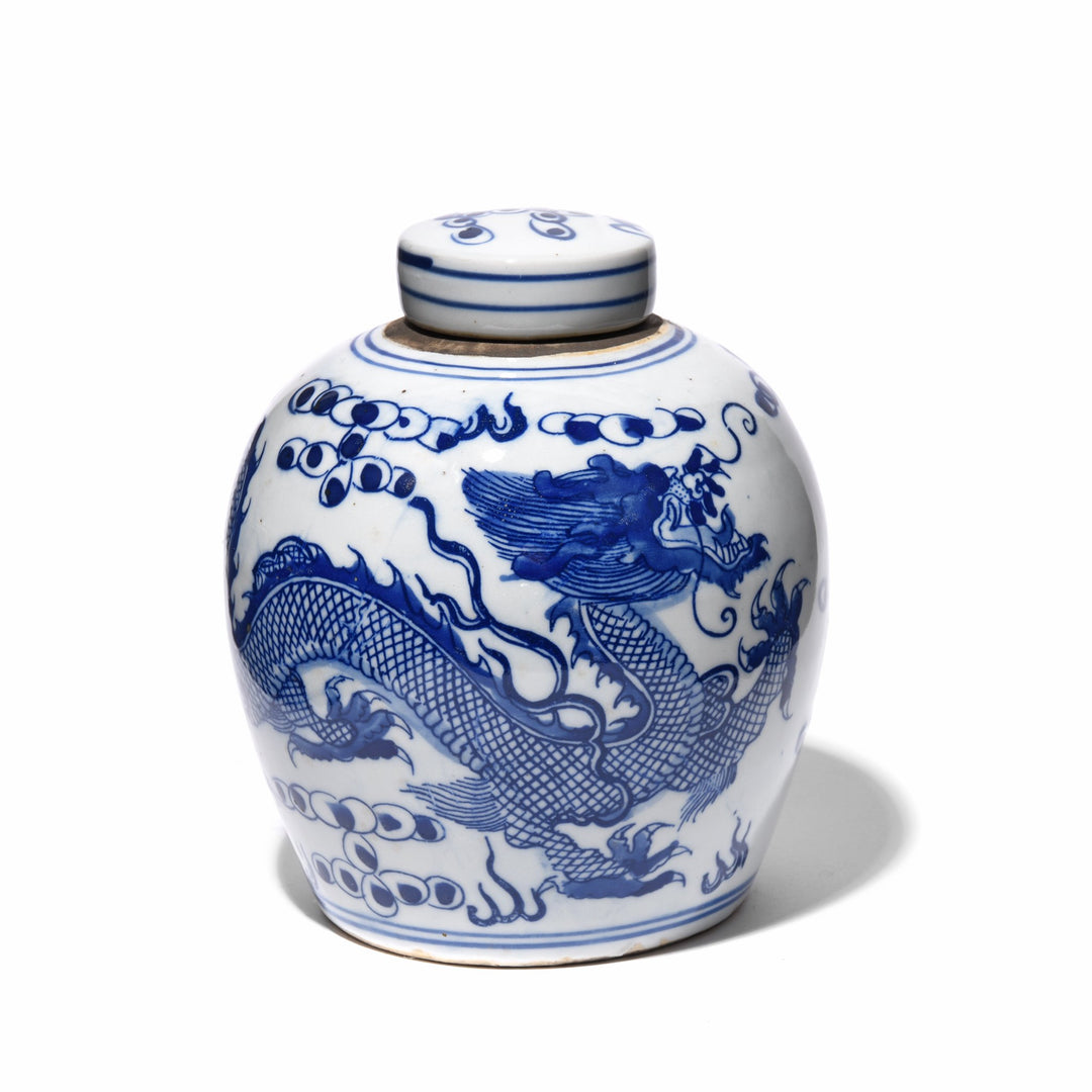Blue & White Porcelain Ginger Jar & Lid - 15cm Diameter Dragon Design