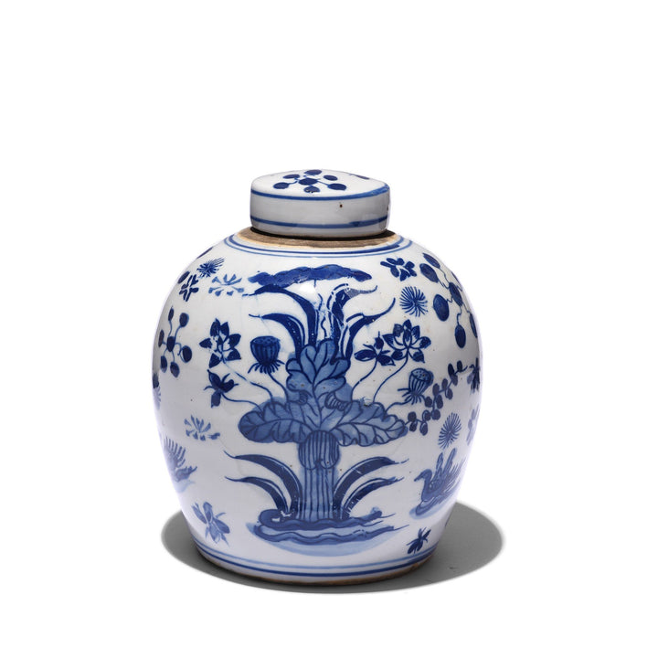 Blue & White Porcelain Ginger Jar - Pond Scene Design | Indigo Antiques