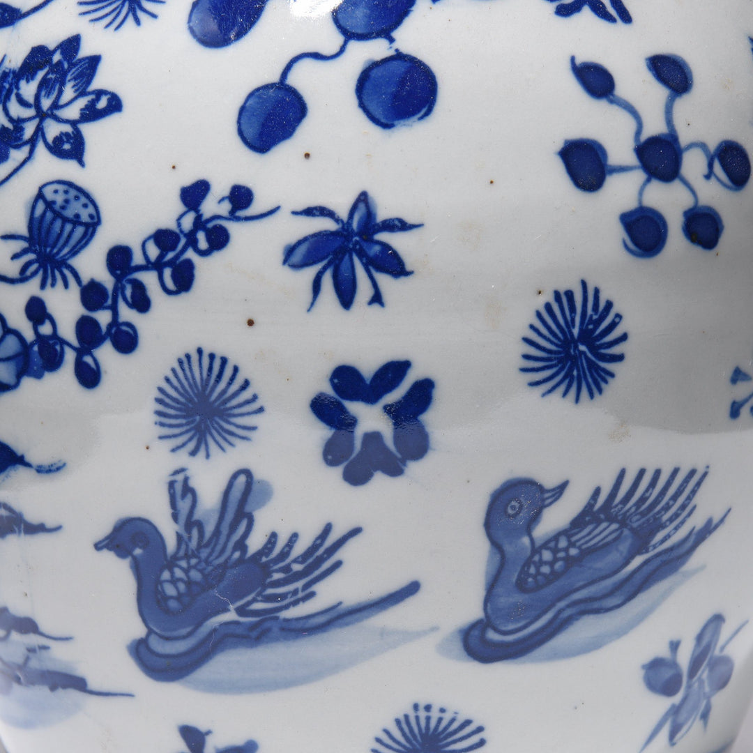 Detail of Blue & White Porcelain Ginger Jar - Pond Scene Design | Indigo Antiques