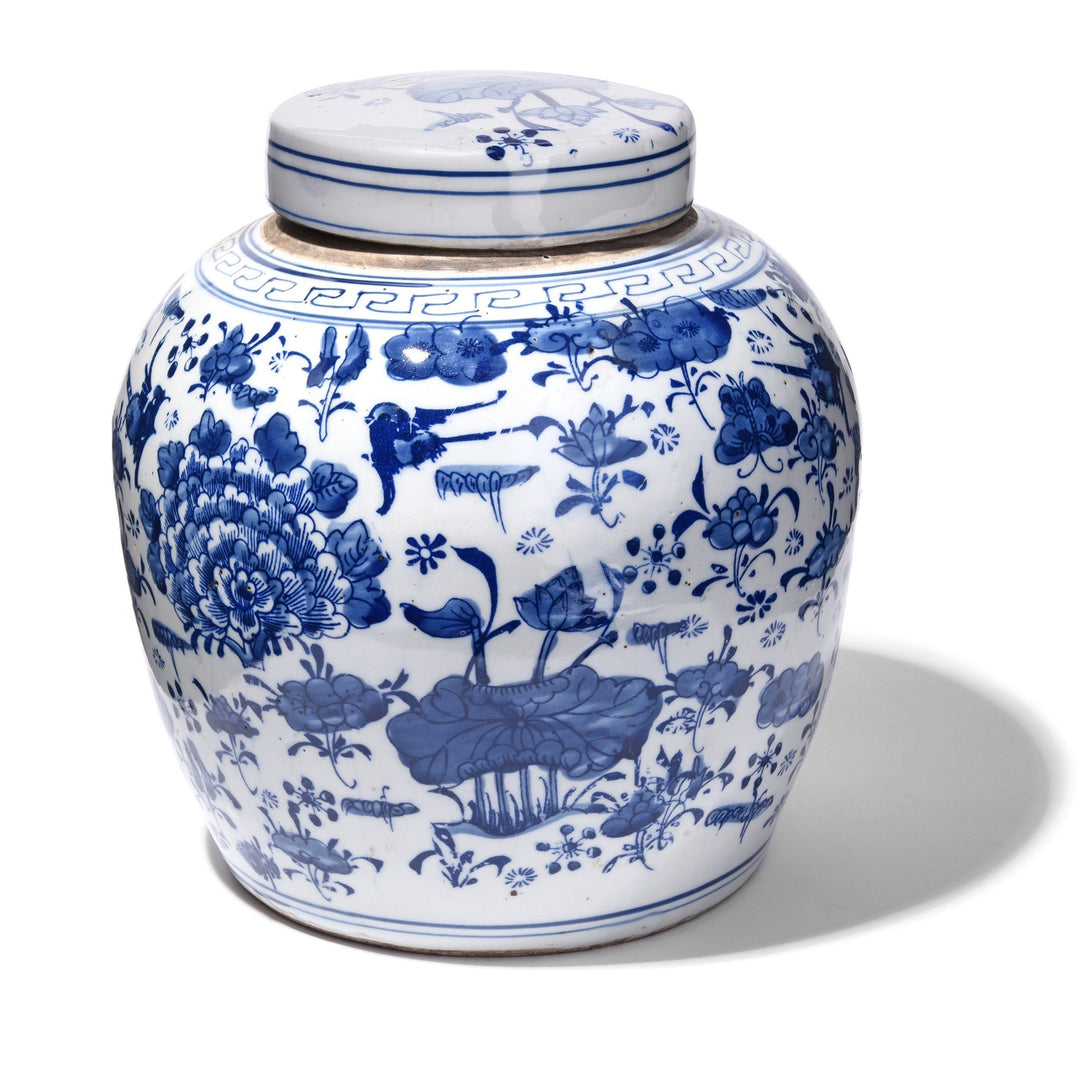 Blue & White Porcelain Ginger Jar - Peony & Butterfly Design | Indigo Antiques