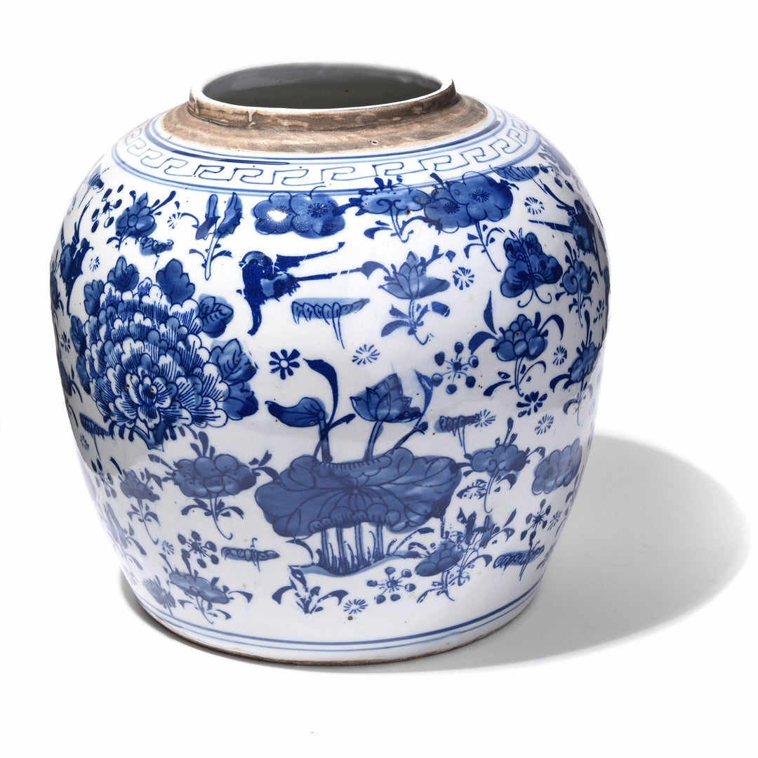 Blue & White Porcelain Ginger Jar - Peony & Butterfly Design | Indigo Antiques