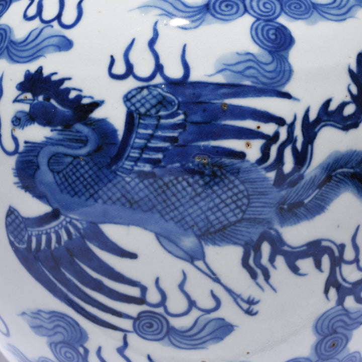 Phoenix Detail From Blue & White Porcelain Ginger Jar  - Phoenix & Dragon Design | Indigo Antiques