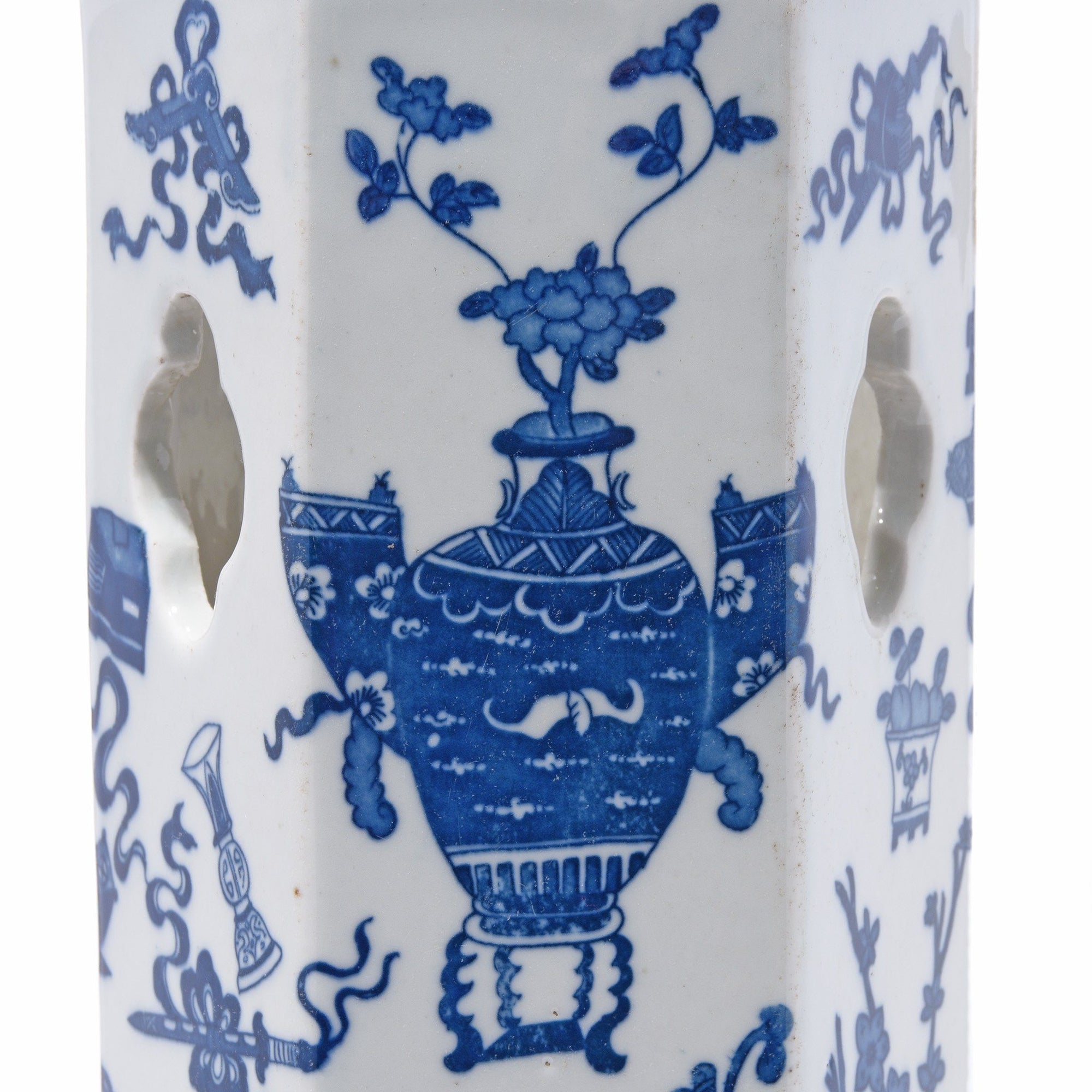 reproduction Chinese hexagonal blue & white glazed porcelain hat stand | Indigo Antiques