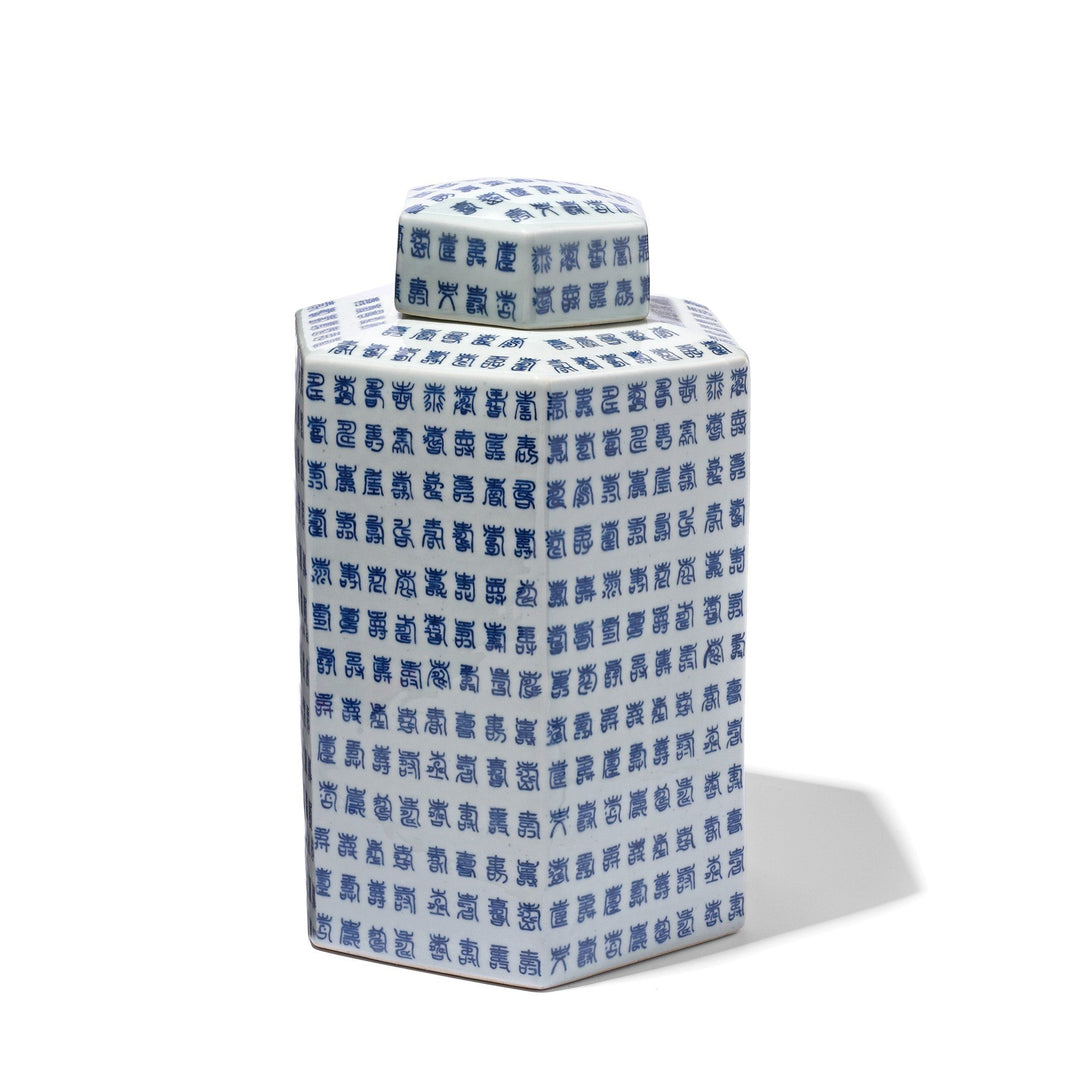 Blue & White Porcelain Hexagonal Tea Caddy - Calligraphy Design | Indigo Antiques | Indigo Antiques