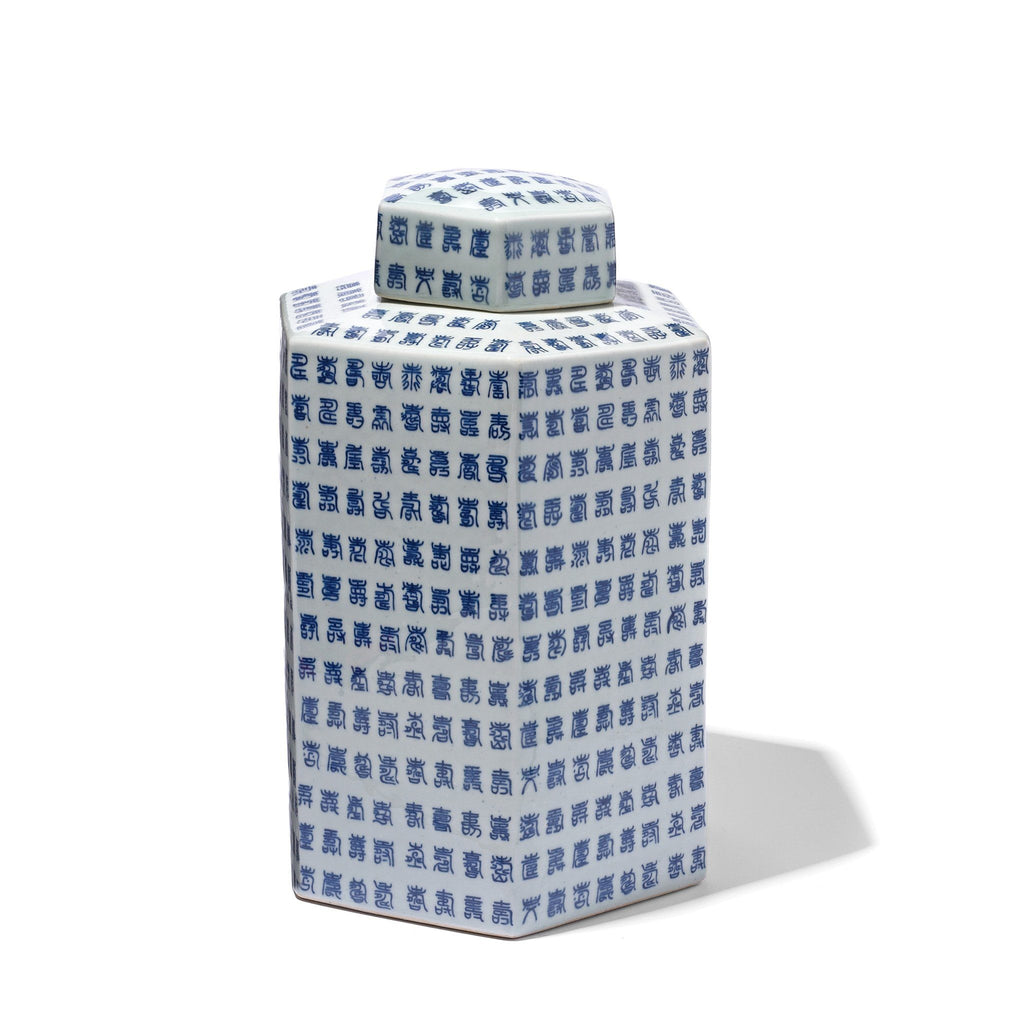 Blue & White Porcelain Hexagonal Tea Caddy - Calligraphy Design