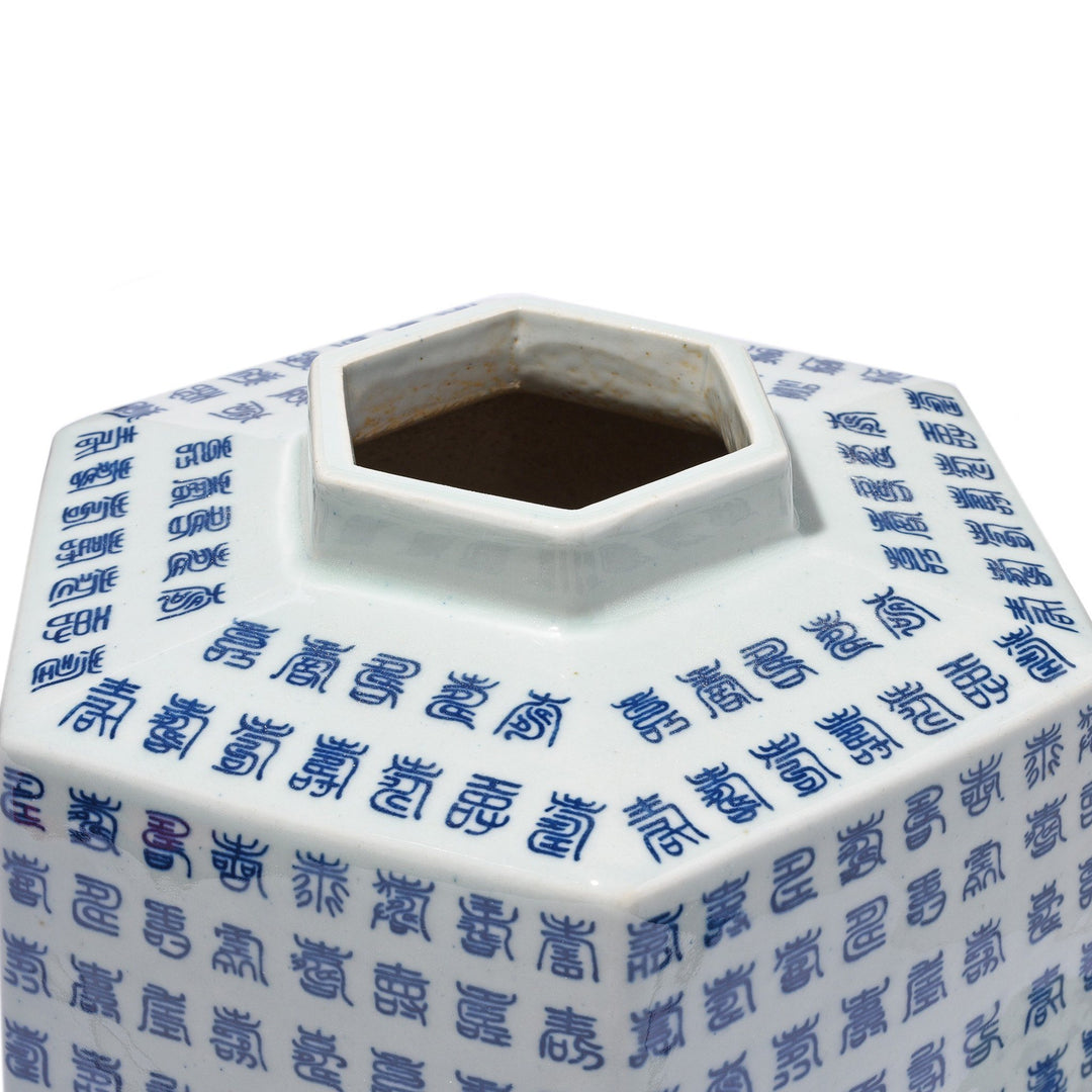 Opening Detail From Blue & White Porcelain Hexagonal Tea Caddy - Calligraphy Design | Indigo Antiques