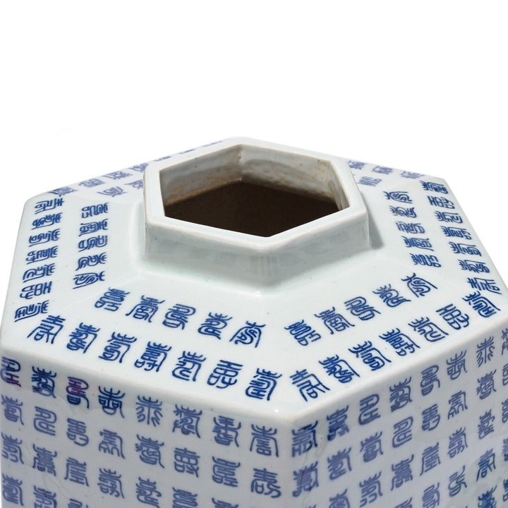 Opening Detail From Blue & White Porcelain Hexagonal Tea Caddy - Calligraphy Design | Indigo Antiques