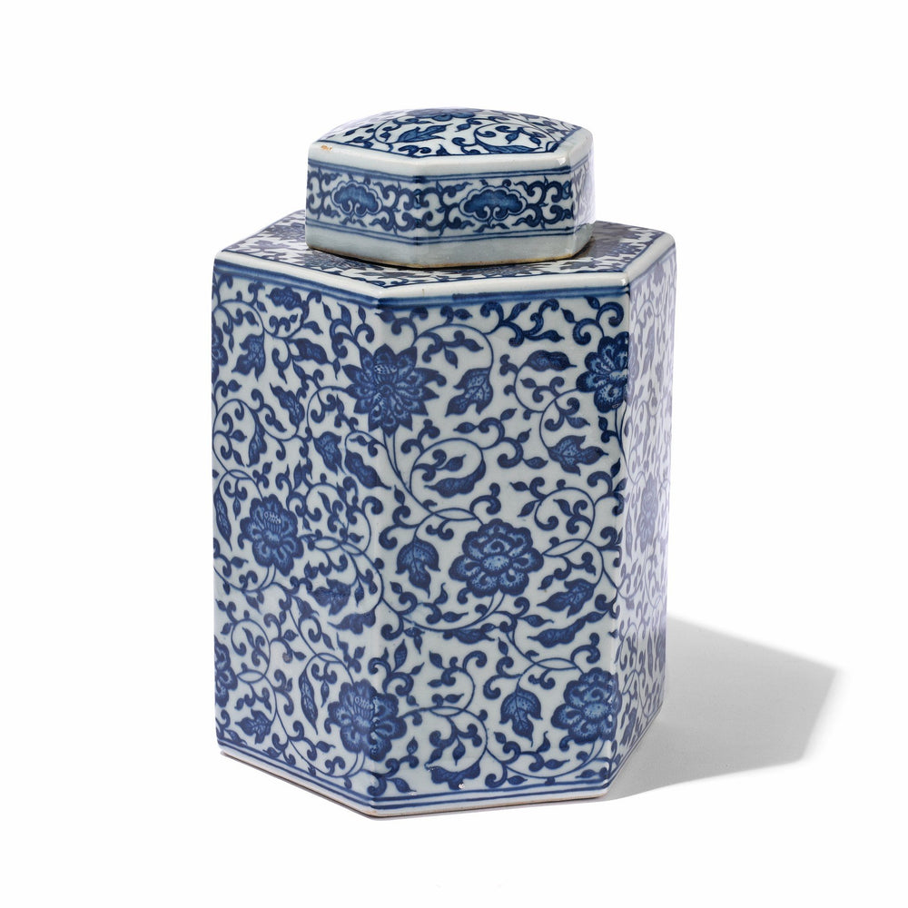 Blue & White Porcelain Hexagonal Tea Caddy - Peony Design | Indigo Antiques
