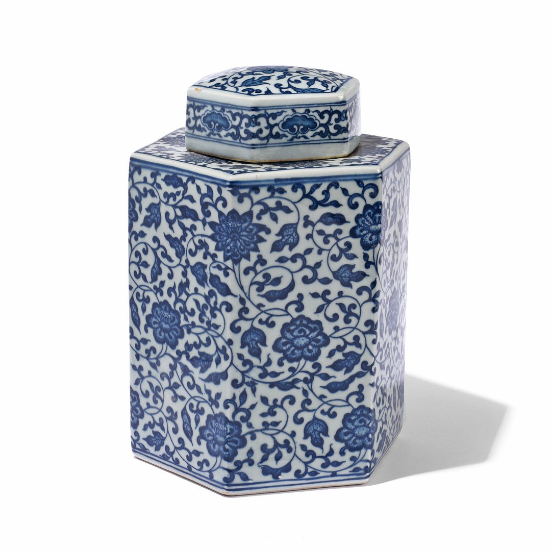 Blue & White Porcelain Hexagonal Tea Caddy - Peony Design | Indigo Antiques