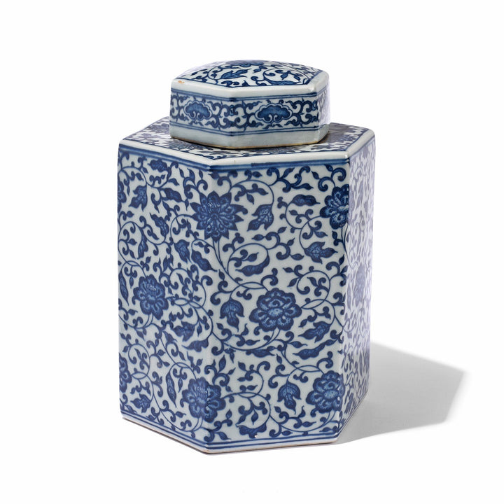 Blue & White Porcelain Hexagonal Tea Caddy - Peony Design | Indigo Antiques