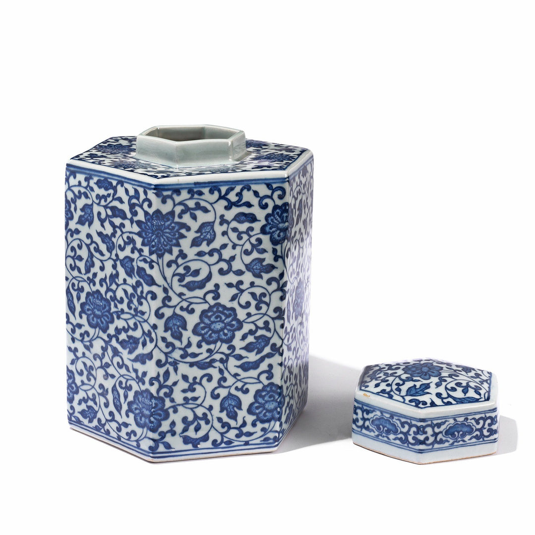 Blue & White Porcelain Hexagonal Tea Caddy - Peony Design | Indigo Antiques