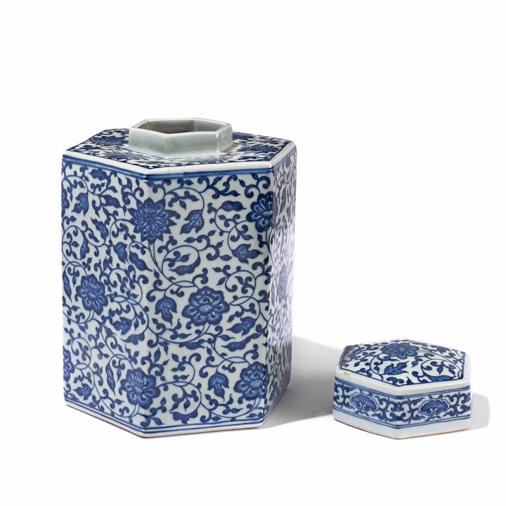 Blue & White Porcelain Hexagonal Tea Caddy - Peony Design | Indigo Antiques