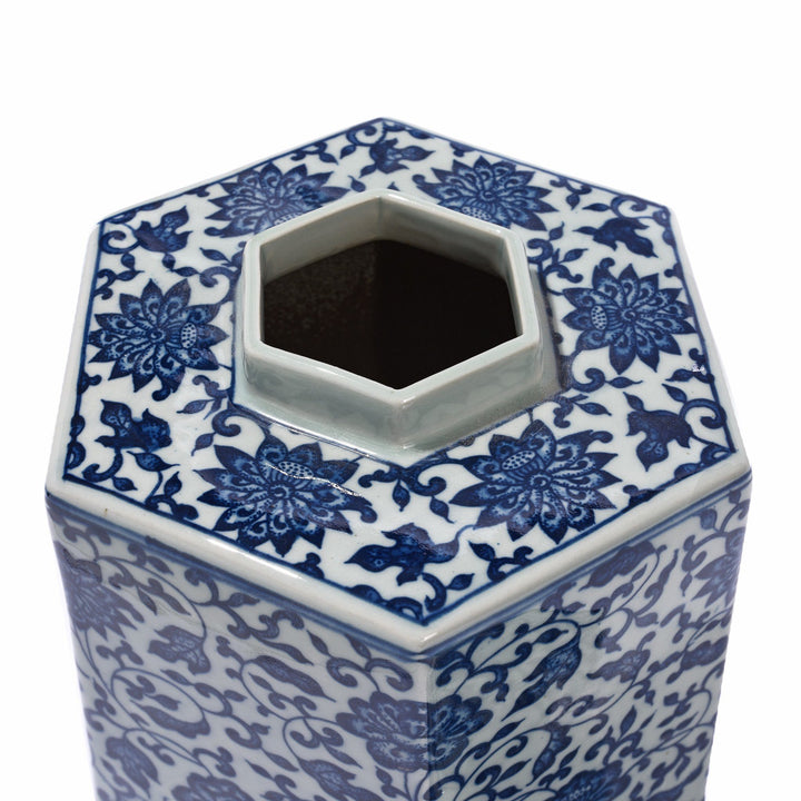 Detail From Blue & White Porcelain Hexagonal Tea Caddy - Peony Design | Indigo Antiques