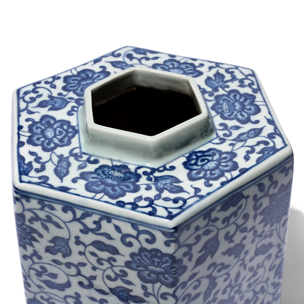 Blue & White Porcelain Hexagonal Vase - Peony Design