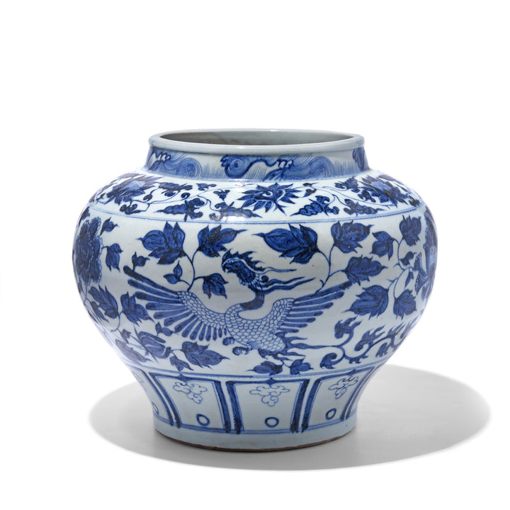 Reproduction Chinese Blue & White Porcelain Jardinière - Peonies & Phoenix | Indigo Antiques
