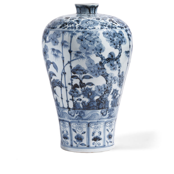 Chinese Reproduction Hongwu Blue & White Porcelain Meiping Vase - Prunus & Bamboo Tree Design | Indigo Antiques