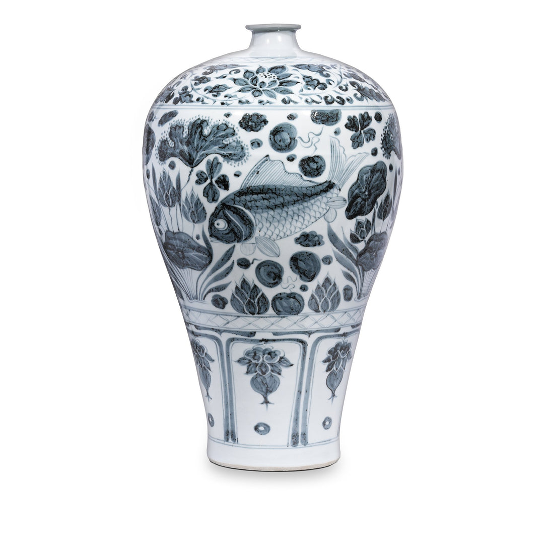 Chinese Reproduction Blue & White Porcelain Meiping Vase - Fish Design | Indigo Antiques