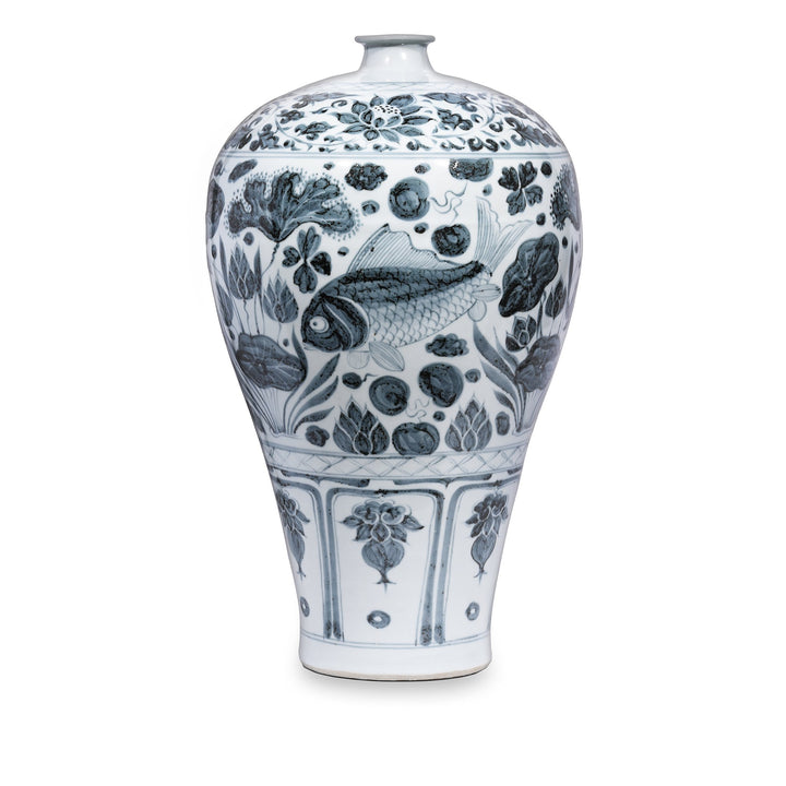 Chinese Reproduction Blue & White Porcelain Meiping Vase - Fish Design | Indigo Antiques