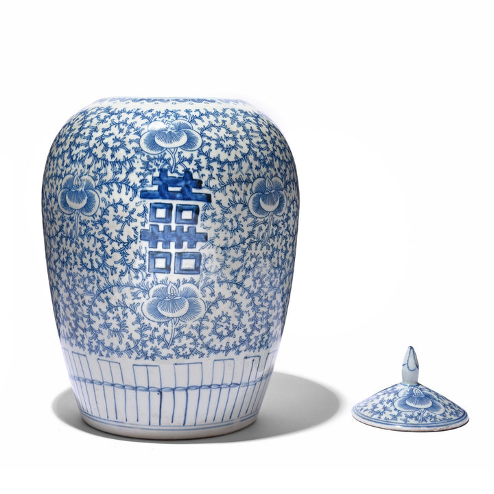 Blue & White Porcelain Rice Jar - Double Happiness Design Lid Removed | Indigo Antiques