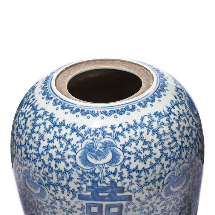 Opening Detail Of Blue & White Porcelain Rice Jar - Double Happiness Design | Indigo Antiques