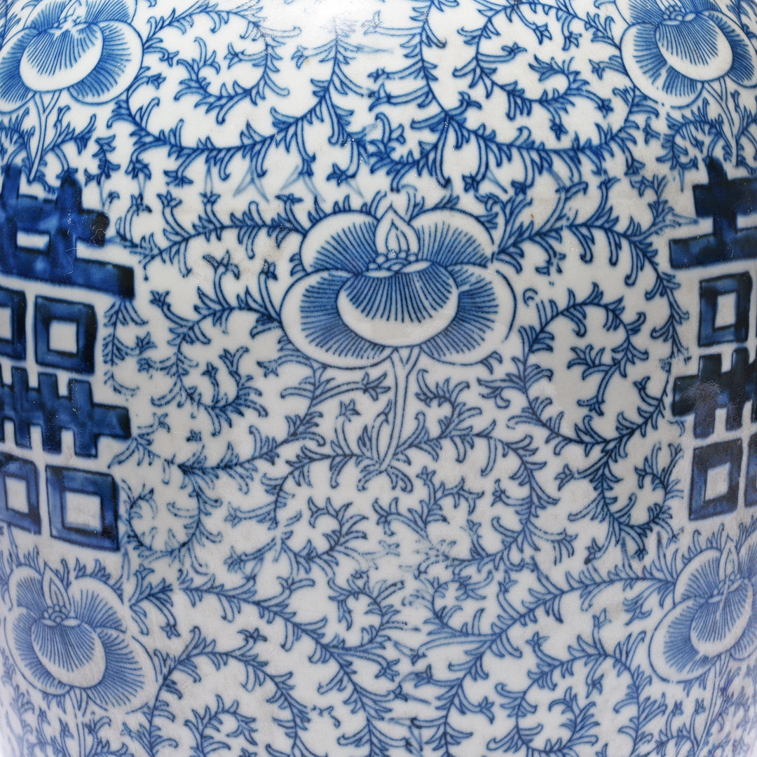 Painting Detail From Blue & White Porcelain Rice Jar - Double Happiness Design | Indigo Antiques