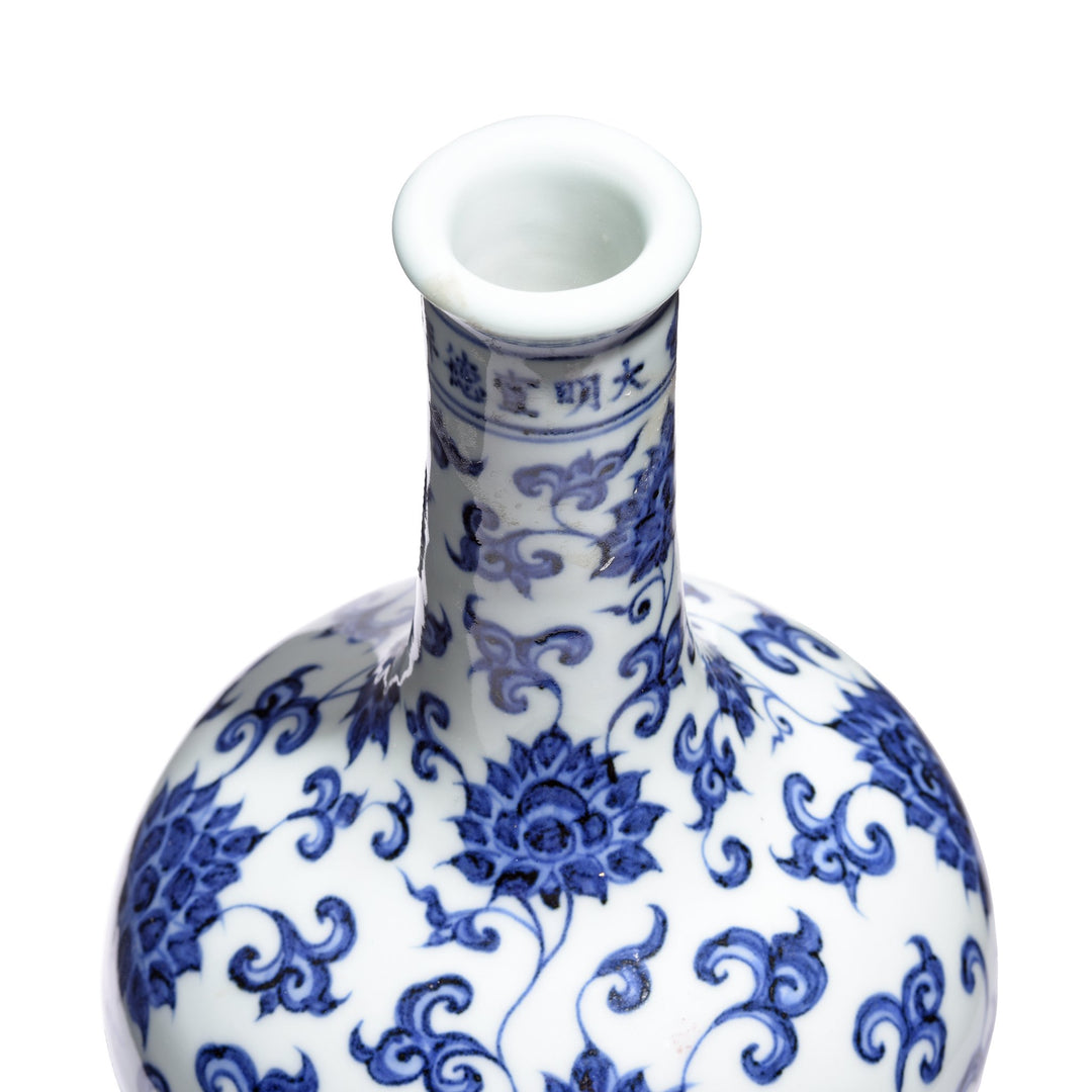 Chinese Blue & White Porcelain Bottle Vase - Peony Design | Indigo Antiques