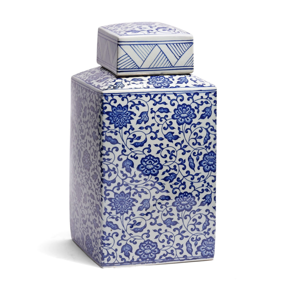 Chinese Blue & White Porcelain Square Tea Caddy - Peony Design | Indigo Antiques