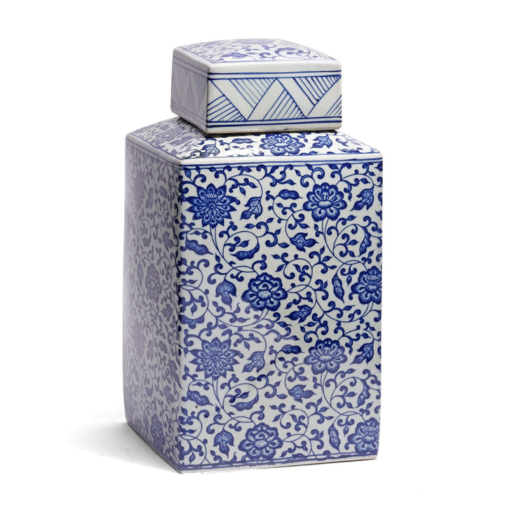 Chinese Blue & White Porcelain Square Tea Caddy - Peony Design | Indigo Antiques