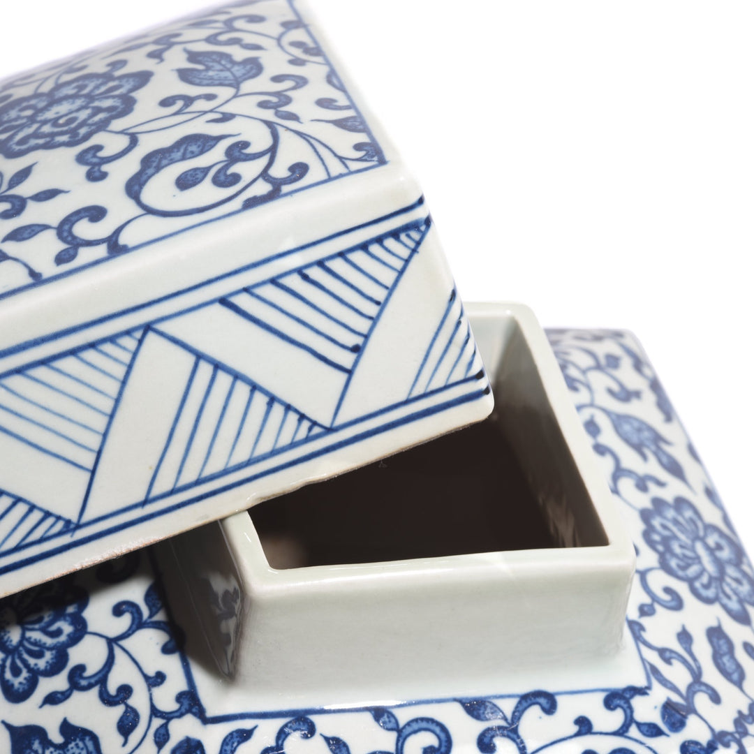 Chinese Blue & White Porcelain Square Tea Caddy - Peony Design | Indigo Antiques
