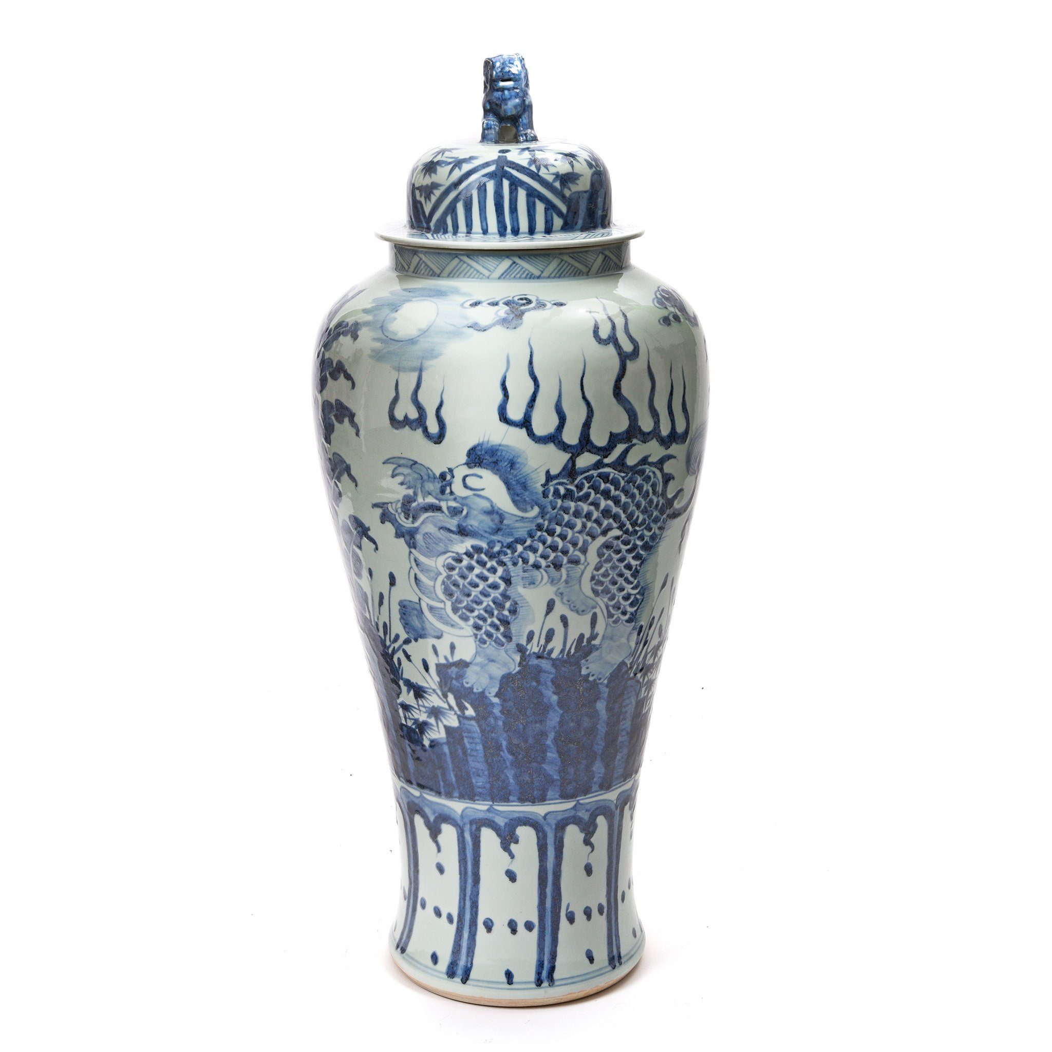Blue & White Porcelain Tall Temple Jar And Cover | Indigo Antiques
