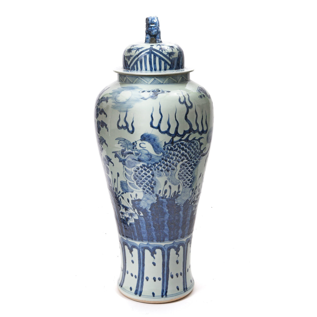 Blue & White Porcelain Tall Temple Jar & Cover - Qilin