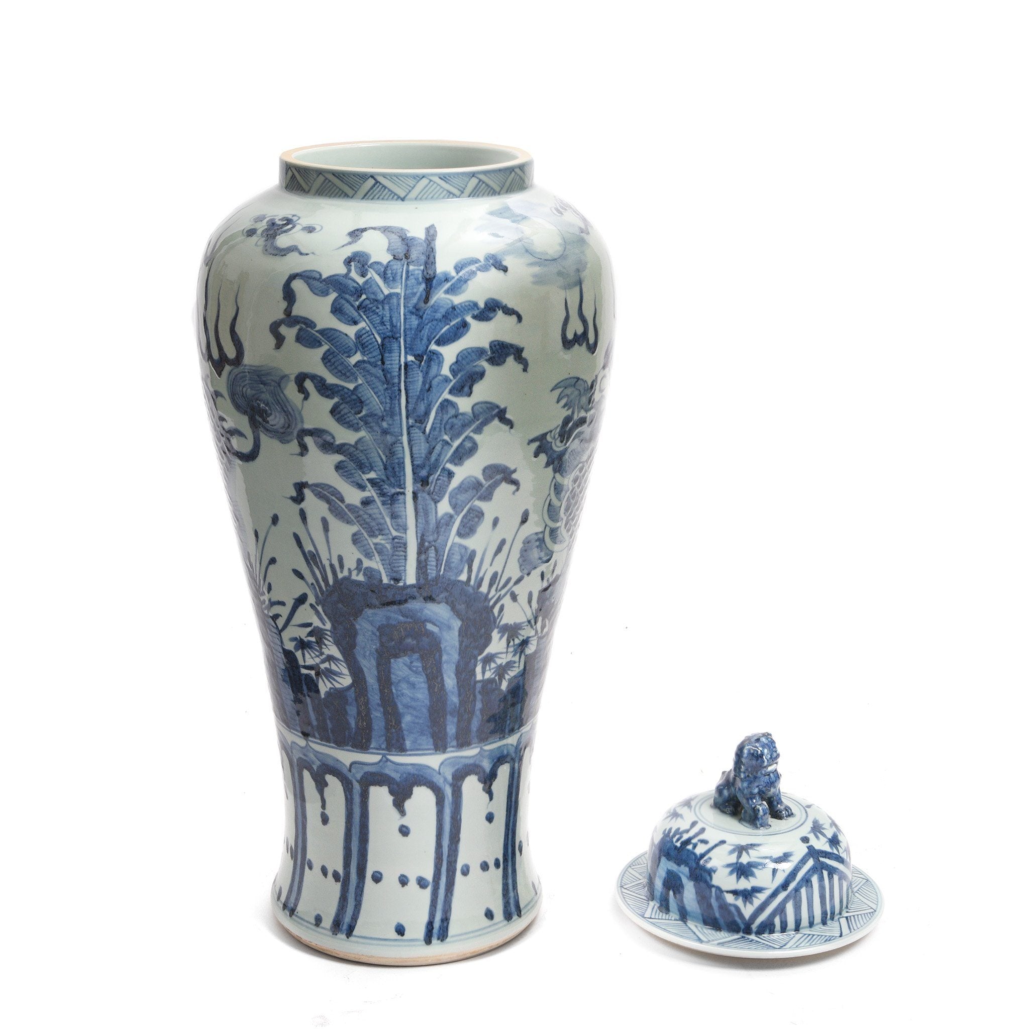 Reverse Of Blue & White Porcelain Tall Temple Jar And Cover | Indigo Antiques