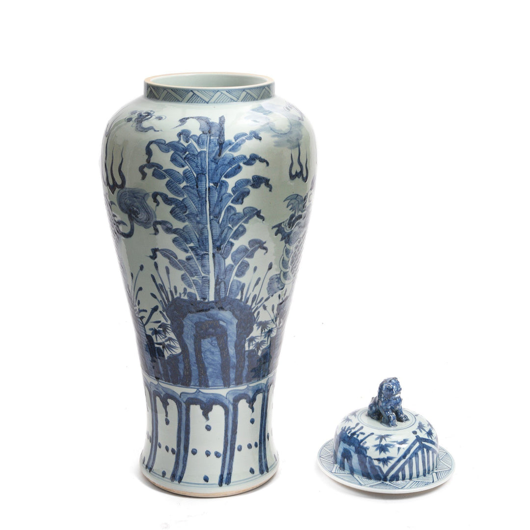 Reverse Of Blue & White Porcelain Tall Temple Jar And Cover | Indigo Antiques
