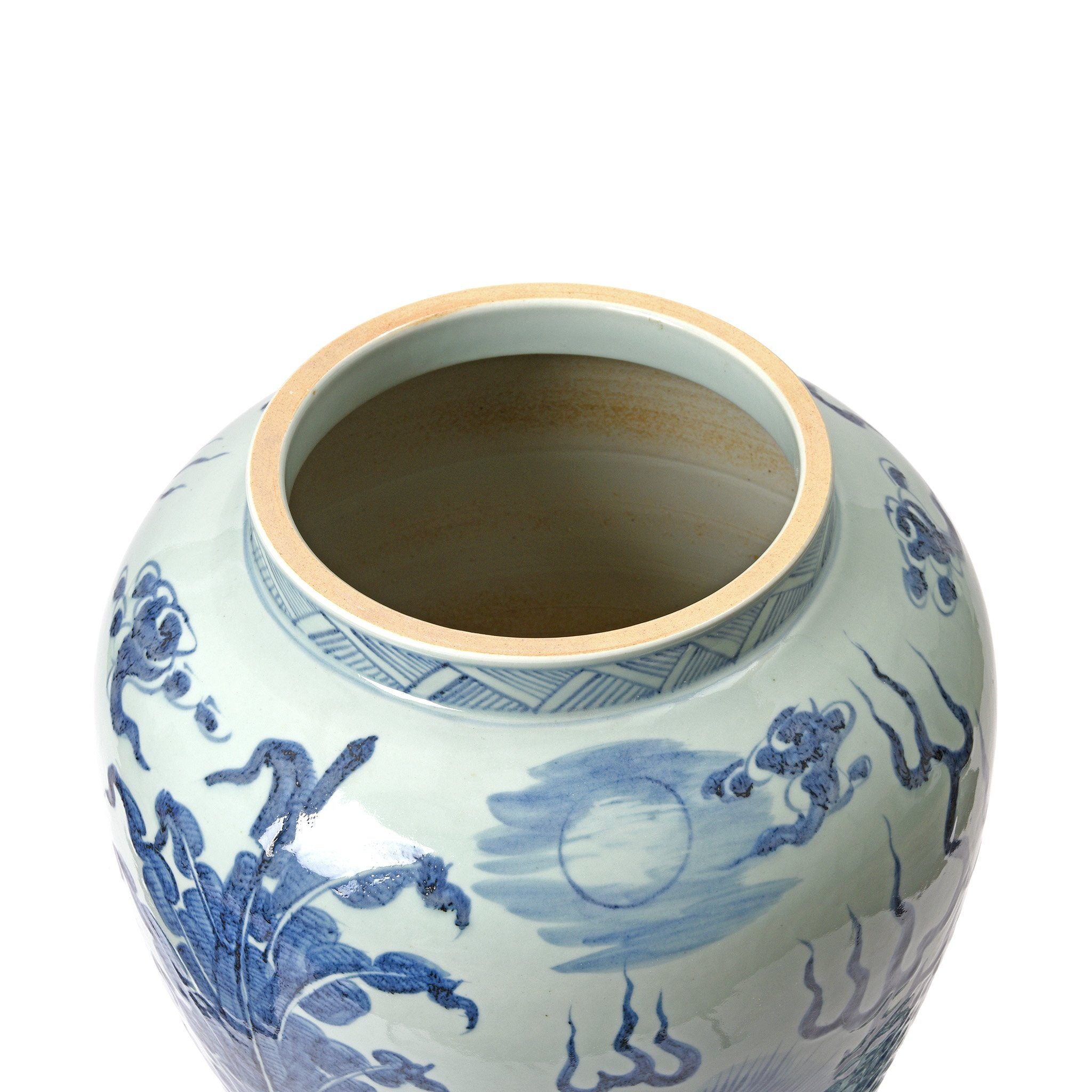 Interior Of Blue & White Porcelain Tall Temple Jar And Cover | Indigo Antiques