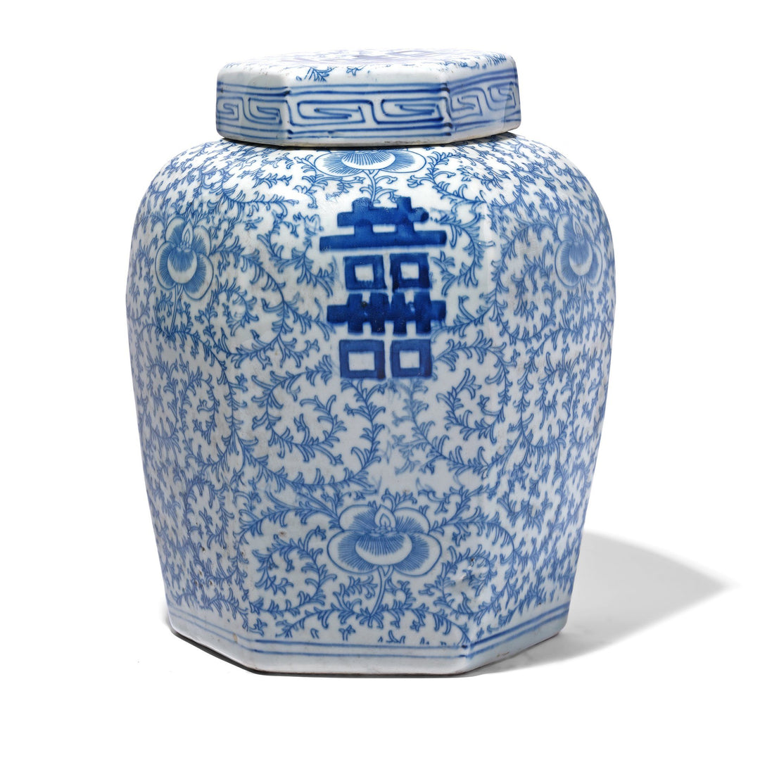 Reproduction Chinese Blue & White Porcelain Tea Caddy - Double Happiness Design | Indigo Antiques