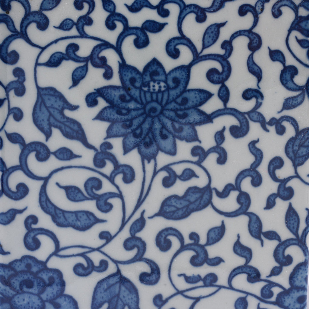 Detail From Blue And White Porcelain Tea Caddy - Peony Design | Indigo Antiques