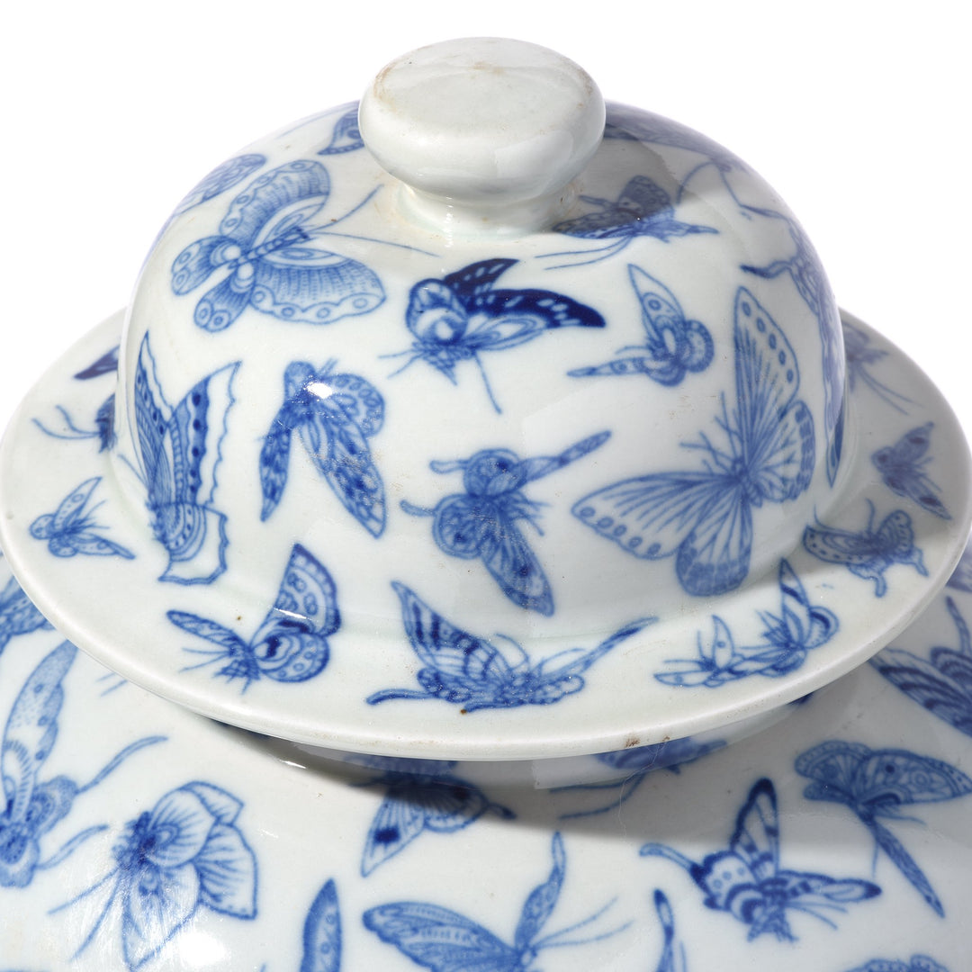 Blue & White Porcelain Temple Jar - Butterfly Design - Qing Style - 25 x 25 x 44 (wxdxh cms) - C1173