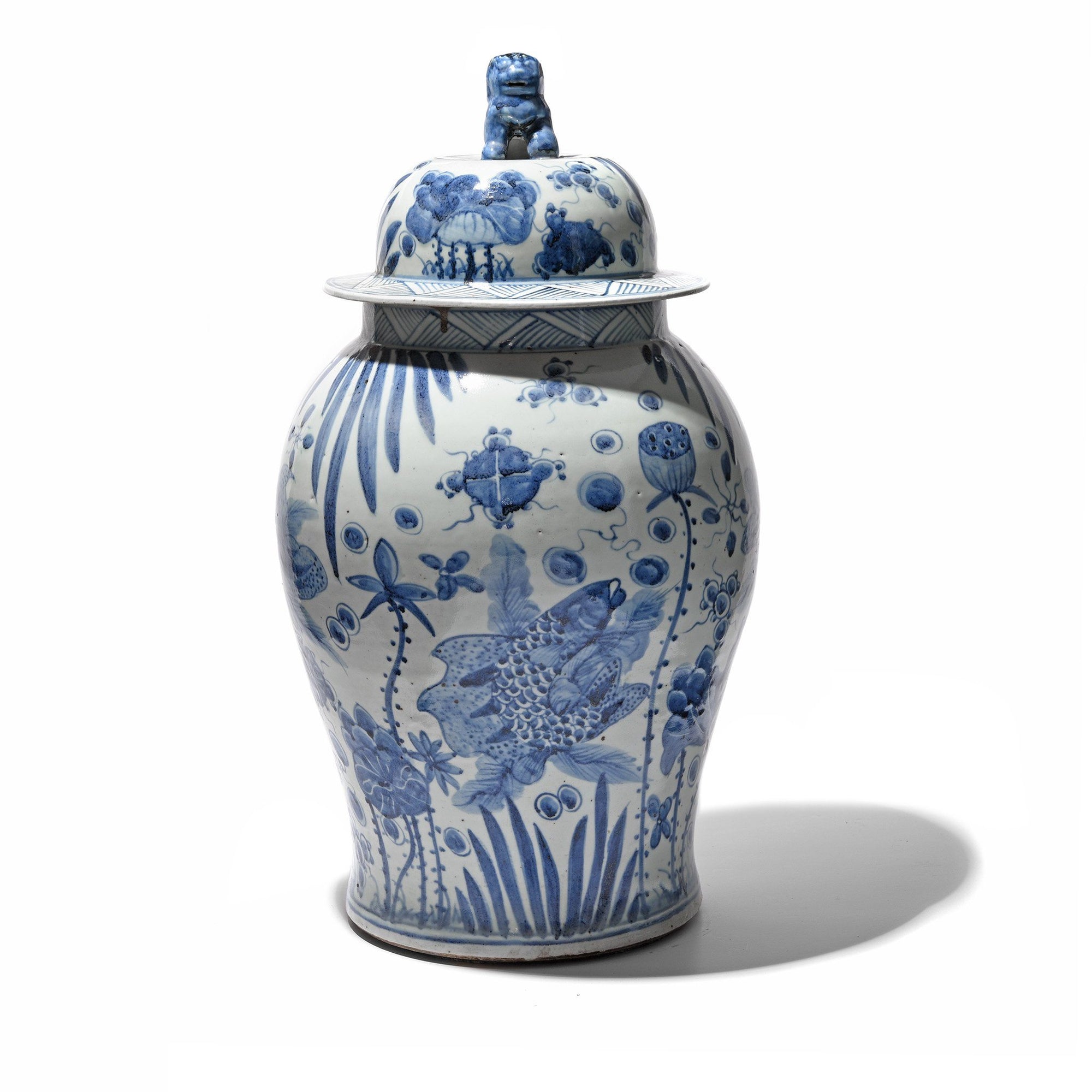 Blue & White Porcelain Temple Jar - Fish Design