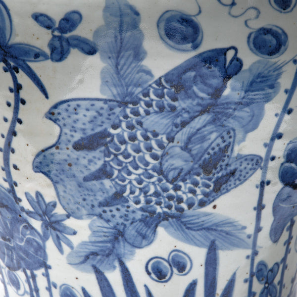 Blue & White Porcelain Temple Jar - Fish Design