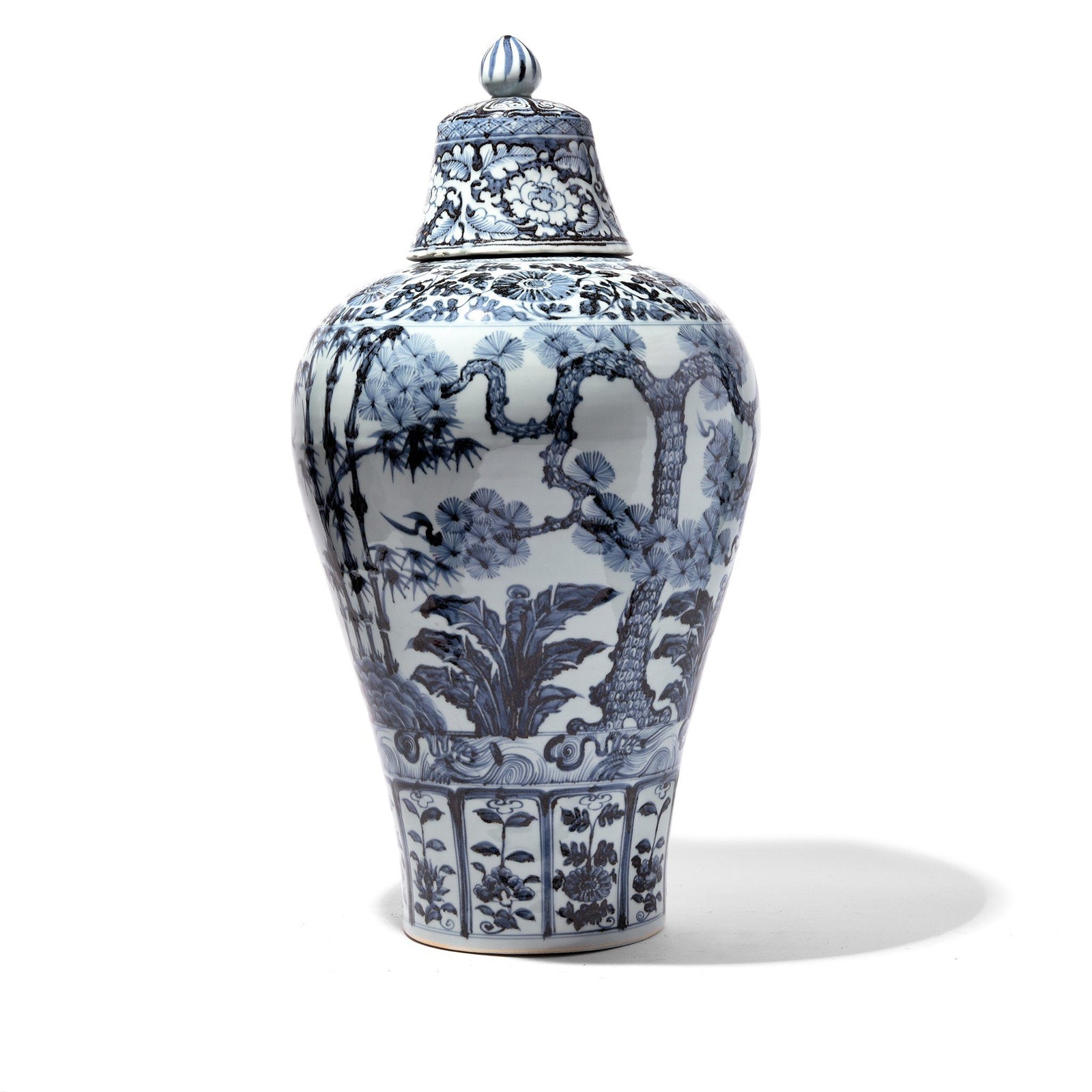 Blue & White Porcelain Temple Jar - Four Tree Design | Indigo Antiques