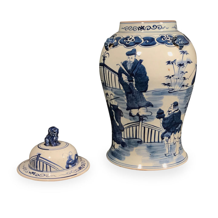 Blue & White Porcelain Temple Jar - Pastoral Scenes