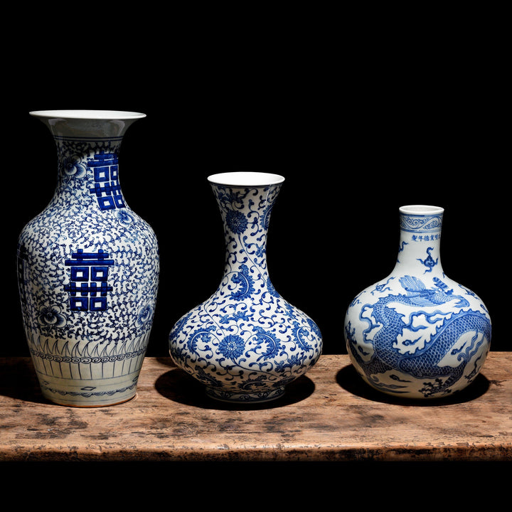 Trio of Reproduction Chinese Blue & White Porcelain Vases | Indigo Antiques