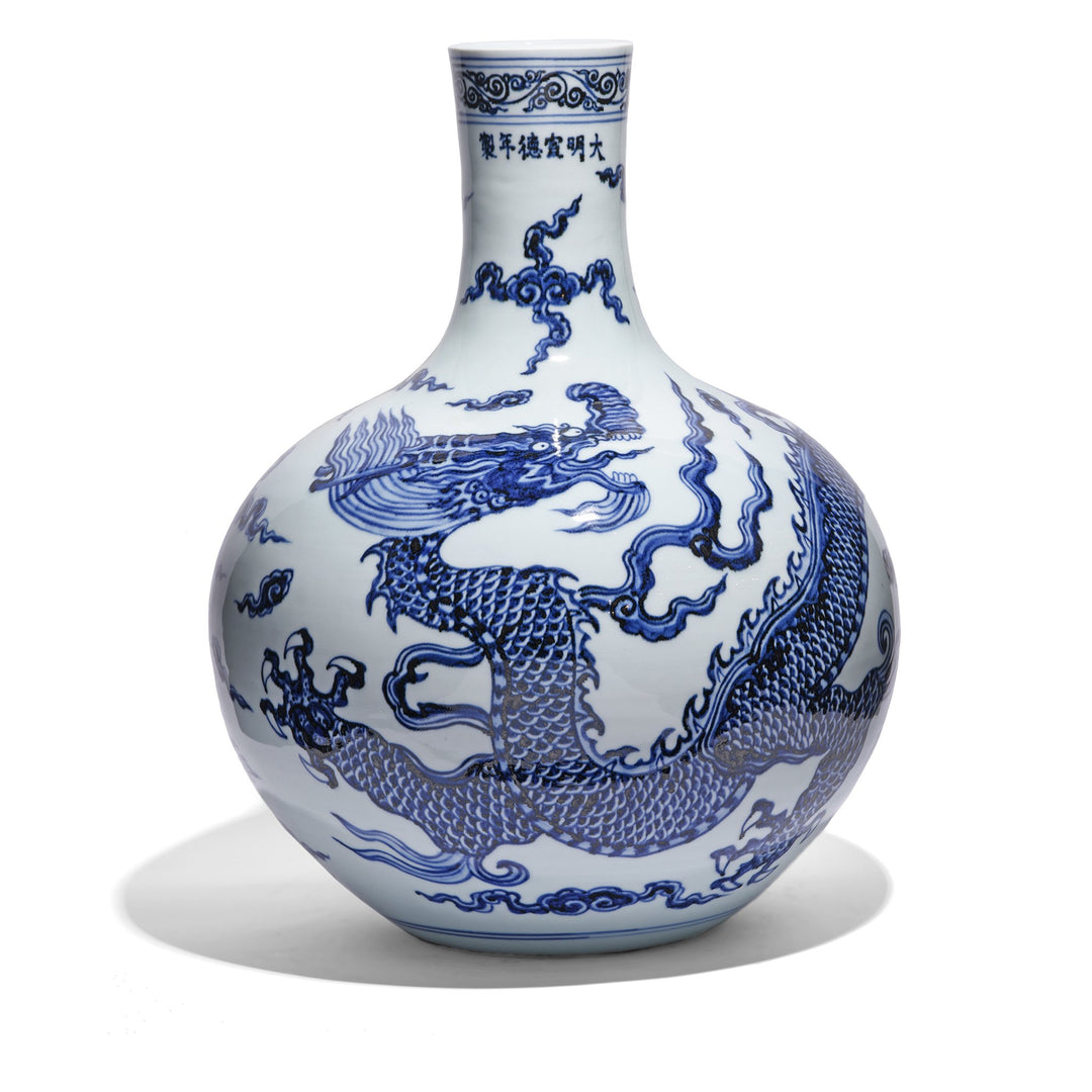 Blue & White Porcelain Bottle Vase - Dragon Design (Large)