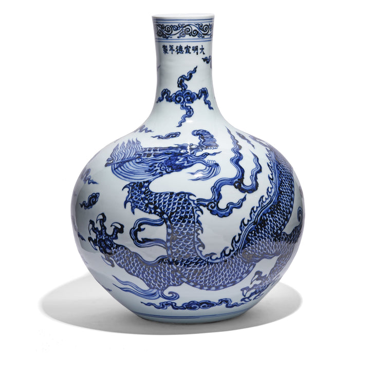 Blue & White Porcelain Bottle Vase - Dragon Design (Large)