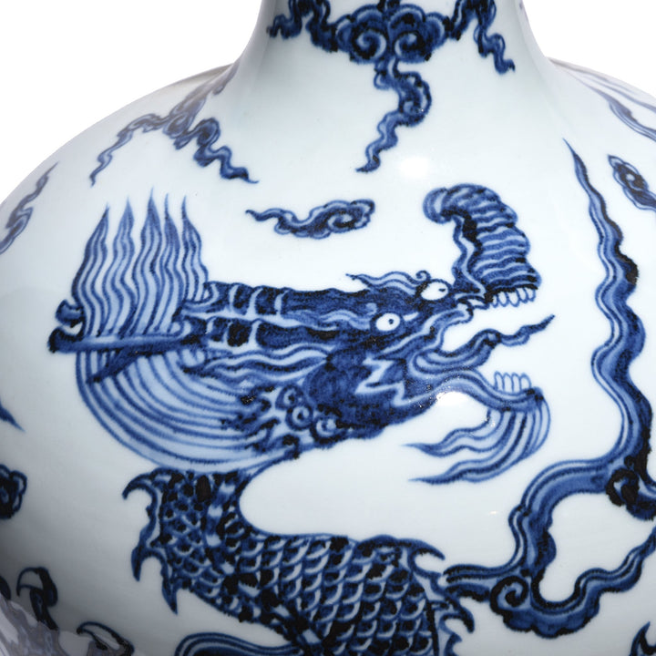 Blue & White Porcelain Bottle Vase - Dragon Design (Large)