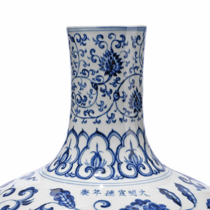 Detail Of Blue & White Porcelain Tianqiuping Vase - Peony Design | Indigo Antiques