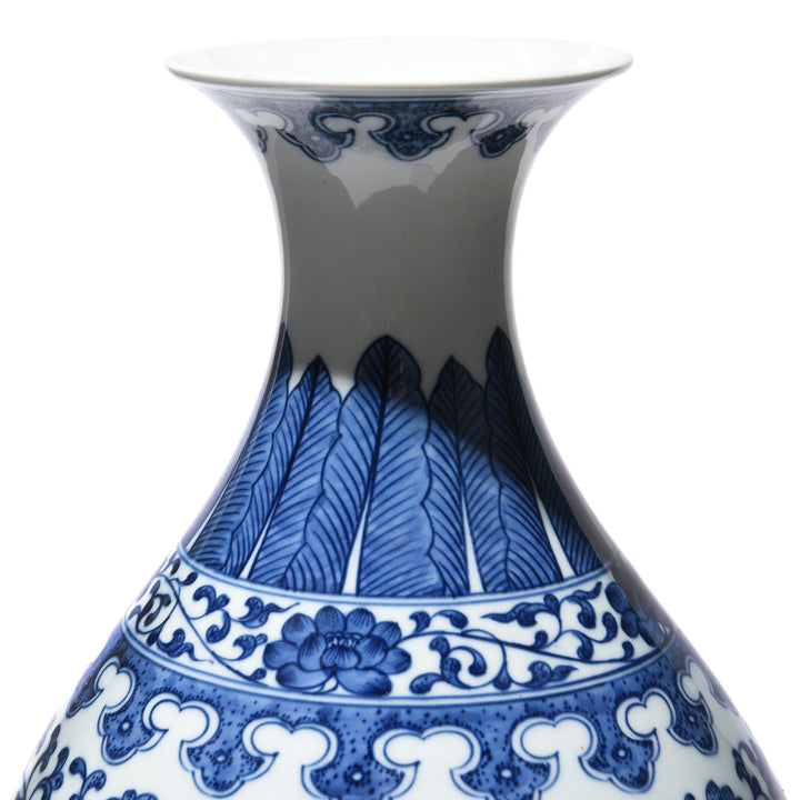 Reproduction Chinese Blue & White Porcelain Trumpet Vase - Trailing Peony Design  | Indigo Antiques