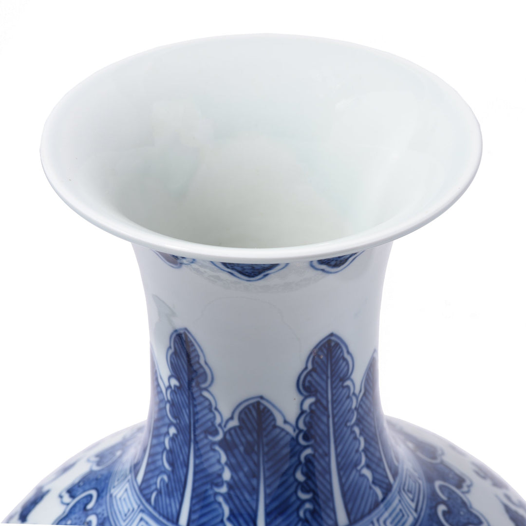 Top Down Detail of Chinese Reproduction Blue & White Trumpet Vase With Floral Design | Indigo Antiques